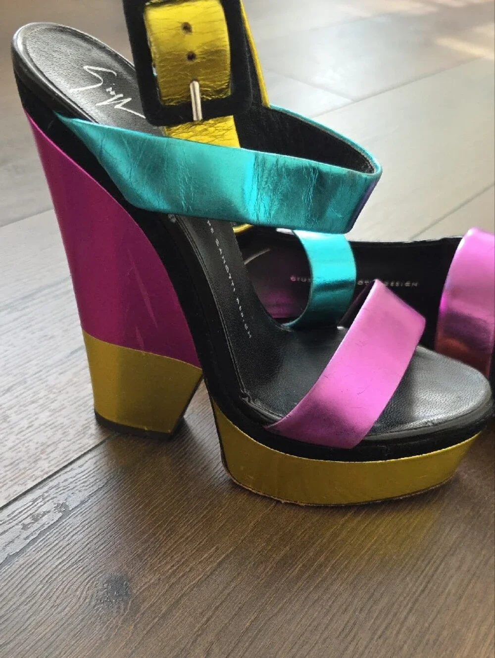 Giuseppe Zanotti metallic color block leather platform wedge sandals
